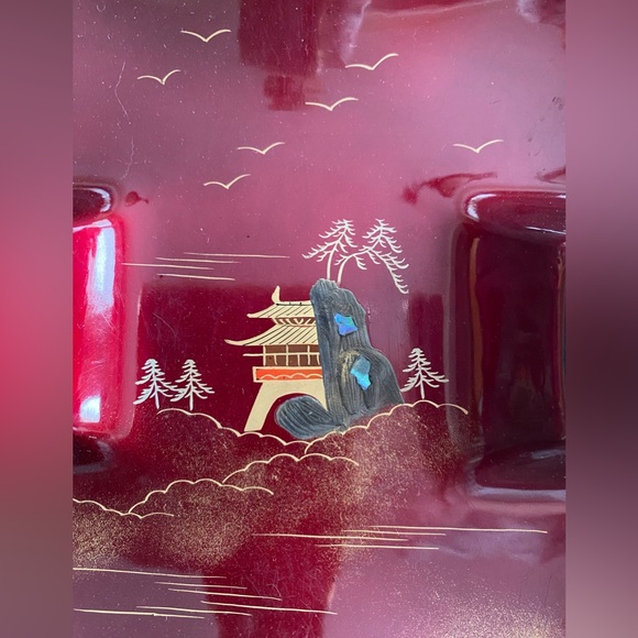 VINTAGE Burgundy & BLACK CERAMIC Oriental ASHTRAY SQUARE MID CENTURY - Picture 5 of 7